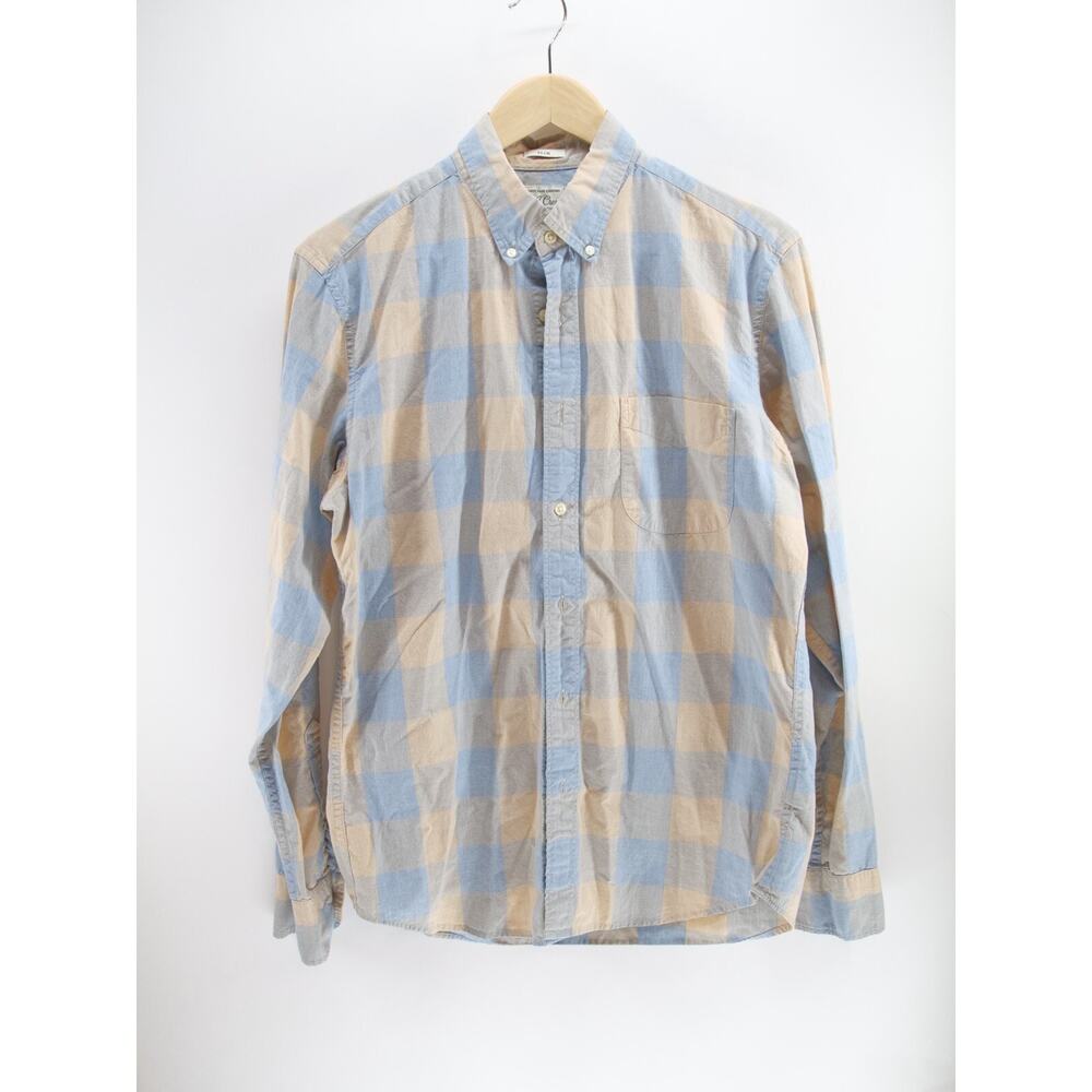 Button Up J.Crew Mens Classic Shirt Orange Blue Plaid Long Sleeve Stretch Slim M